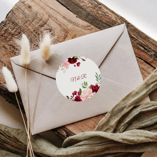 Burgundy Spring Elegant Floral Wedding Envelope Classic Round Sticker