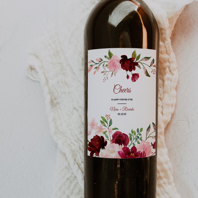 Burgundy Spring Elegant Floral Wedding Wine Labels (Creator Uploaded)