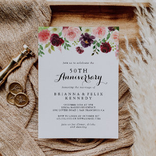 Burgundy Spring Floral 50th Wedding Anniversary Invitation