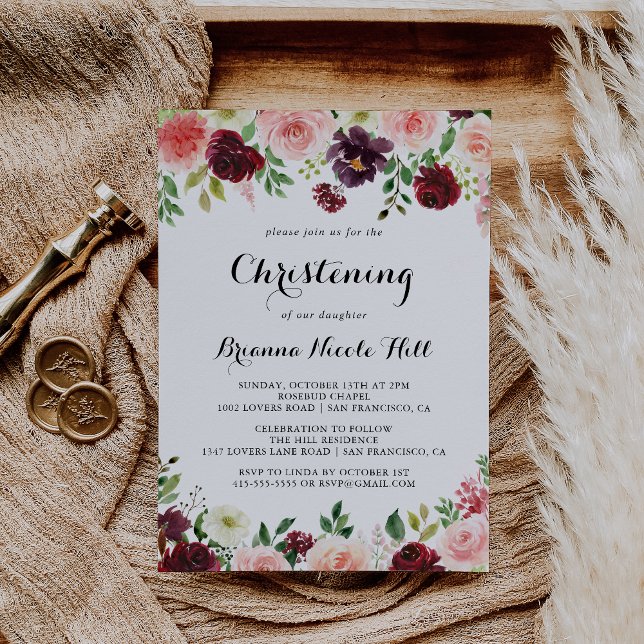 Burgundy Spring Floral Calligraphy Christening Invitation (Creator Uploaded)