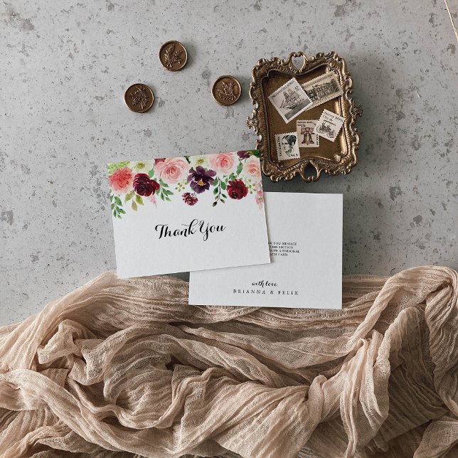 Burgundy Spring Floral Calligraphy Flat Wedding Thank You Card (Creator Uploaded)