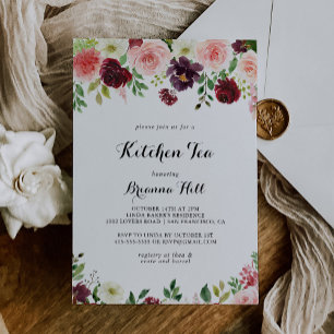Burgundy Spring Floral Kitchen Tea Bridal Shower Invitation