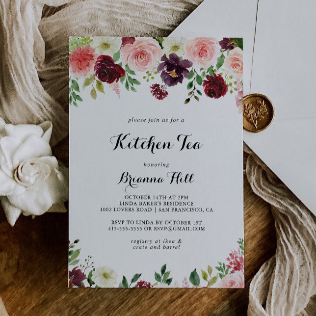 Burgundy Spring Floral Kitchen Tea Bridal Shower Invitation (Creator Uploaded)