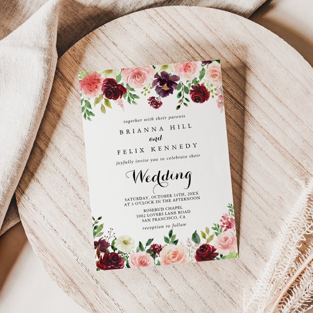 Burgundy Spring Floral Modern Calligraphy Wedding Invitation (Creator Uploaded)
