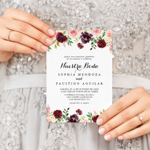 Burgundy Spring Floral Nuestra Boda Wedding Invitation