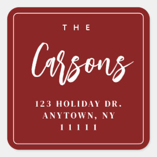 Burgundy Square Modern Script Return Address Label