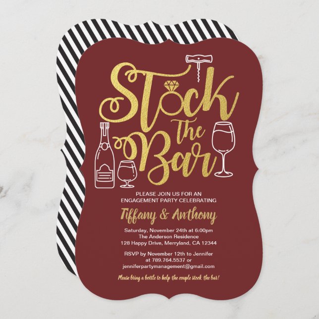 Burgundy stock the bar engagement party invitation (Front/Back)
