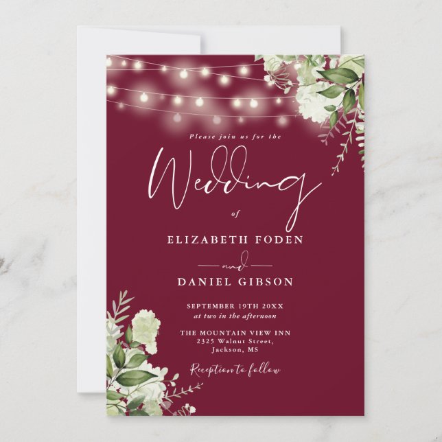 Burgundy String Lights Floral QR Code Wedding Invitation (Front)