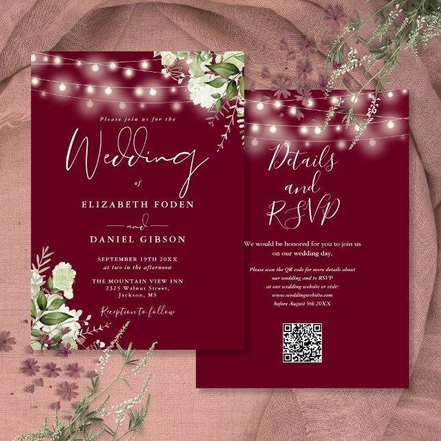 Burgundy String Lights Floral QR Code Wedding Invitation (Burgundy String Lights Floral QR Code Wedding Invitation)