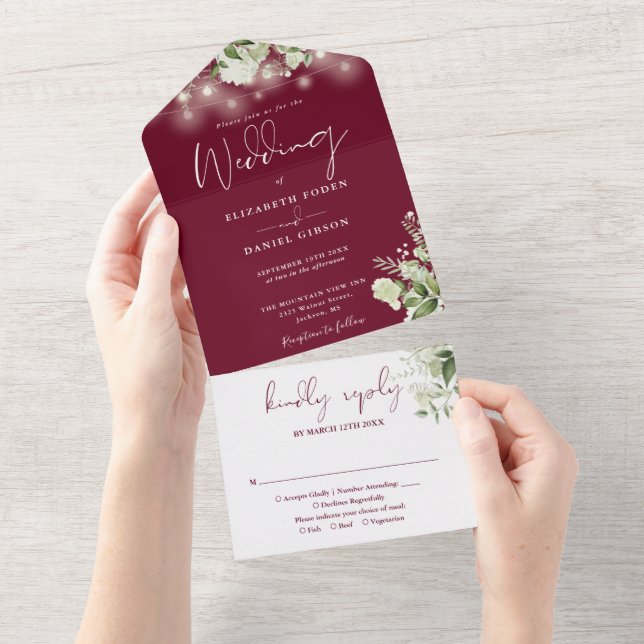 Burgundy String Lights Greenery Monogram Wedding All In One Invitation (Tearaway)