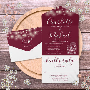 Burgundy String Lights Mason Jars Wedding All In One Invitation