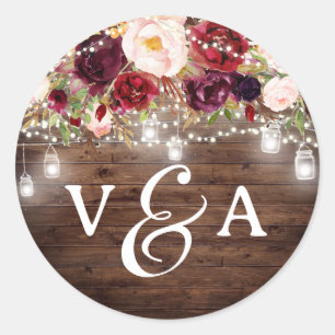 Burgundy String Lights Monogram Wedding Sticker