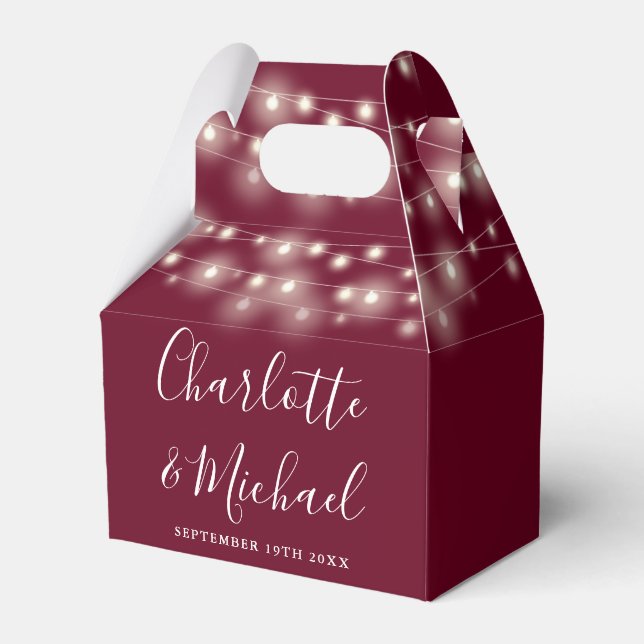 Burgundy String Lights Signature Script Wedding Favour Box (Front Side)