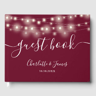 Burgundy String Lights Signature Script Wedding Guest Book