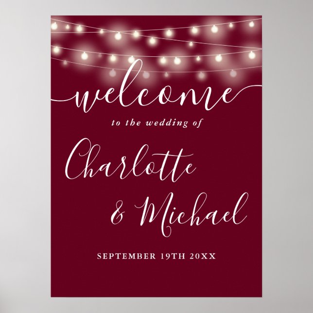 Burgundy String Lights Wedding Welcome Sign (Front)
