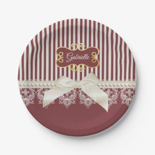 Burgundy Stripe Lace Name Paper Plate