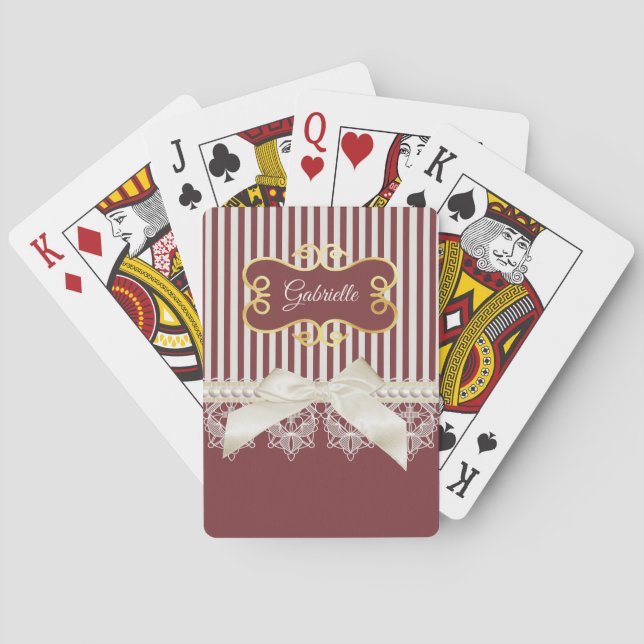 Burgundy Stripe Lace Name Playing Cards (Back)