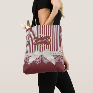 Burgundy Stripe Lace Name Tote Bag
