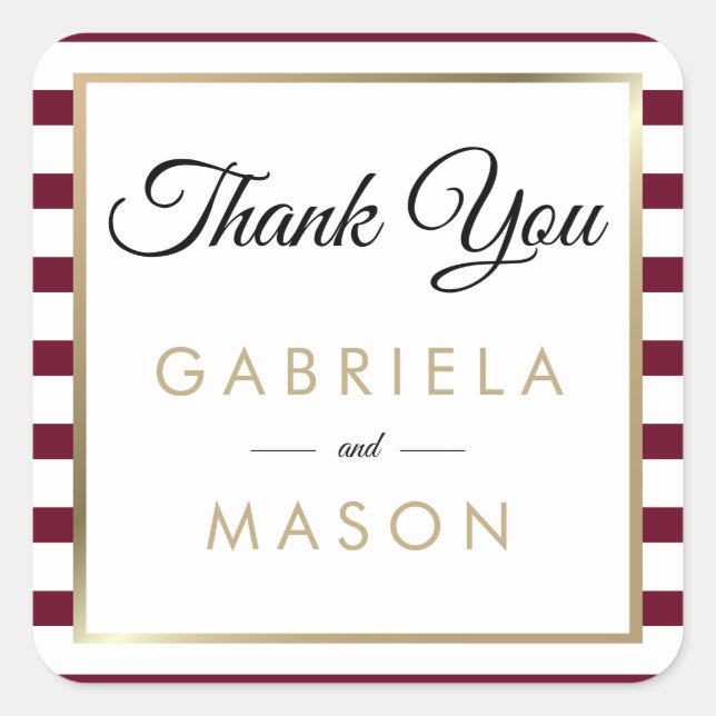 Burgundy Stripe Wedding | Faux Gold Foil Thank You Square Sticker (Front)