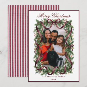Burgundy Stripe Wreath Garland Bow Photo Christmas Holiday Card