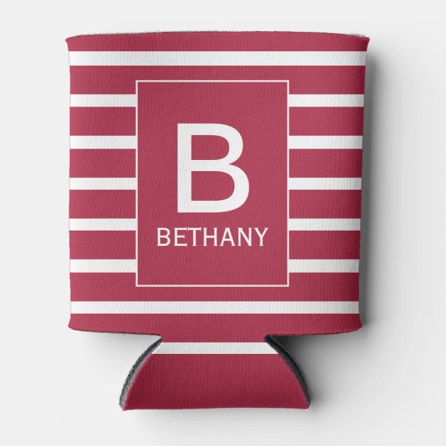 Burgundy Striped Personalised Monogram Can Cooler (Front)
