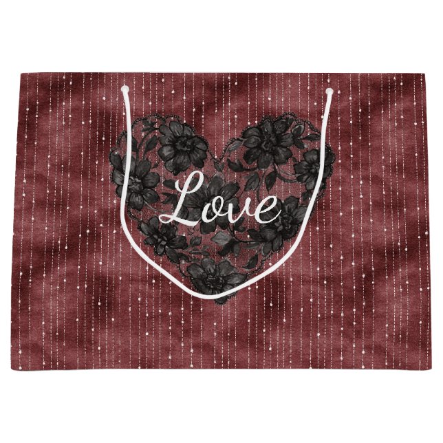 Burgundy Stripes Black Faux Lace Floral Heart Large Gift Bag (Front)