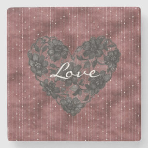 Burgundy Stripes Black Faux Lace Floral Heart  Stone Coaster