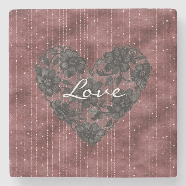 Burgundy Stripes Black Faux Lace Floral Heart  Stone Coaster (Front)