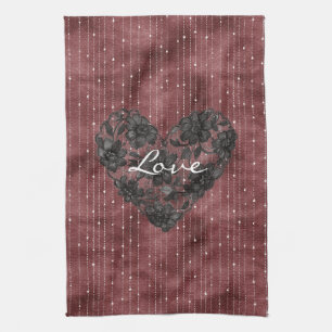 Burgundy Stripes Black Faux Lace Floral Heart  Tea Towel