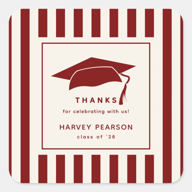 Burgundy Stripes Custom Graduation Party Thank You Square Sticker (Front)