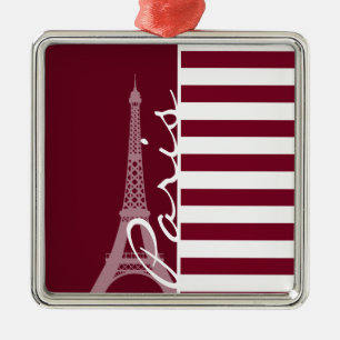 Burgundy Stripes; Eiffel Tower Metal Ornament