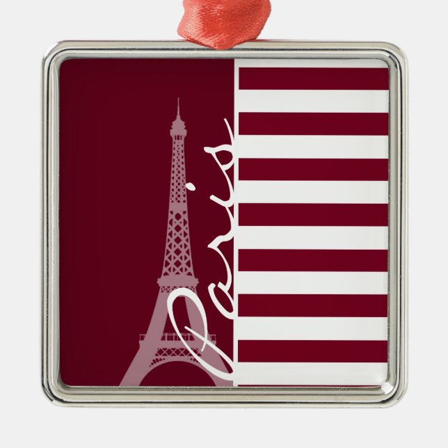 Burgundy Stripes; Eiffel Tower Metal Ornament (Front)