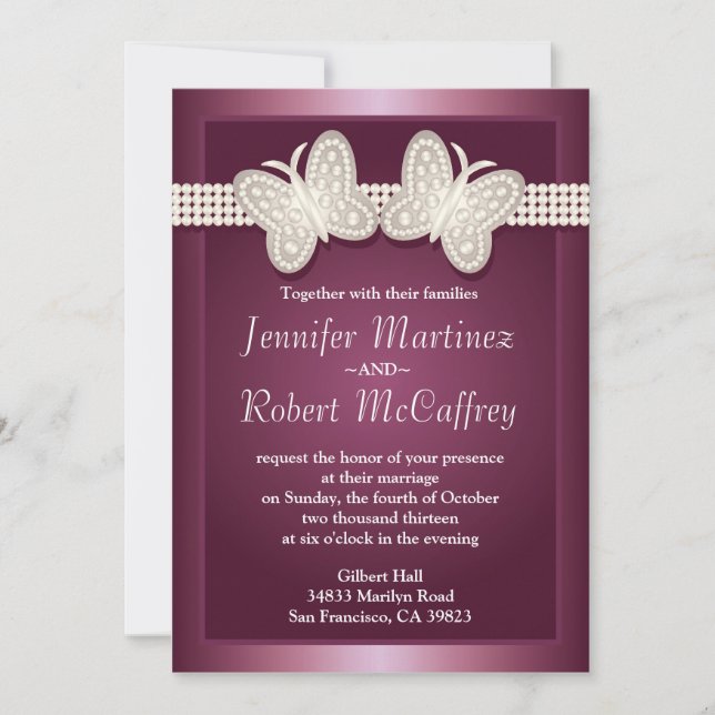 Burgundy Studded Butterfly Wedding Invitations (Front)