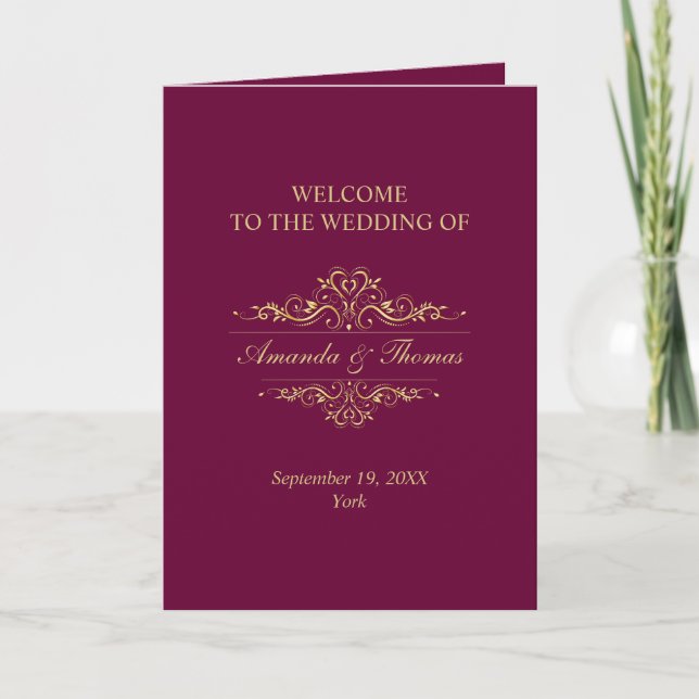 Burgundy stylish gold frame wedding programme  program (Front)