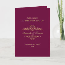 Burgundy stylish gold frame wedding programme 