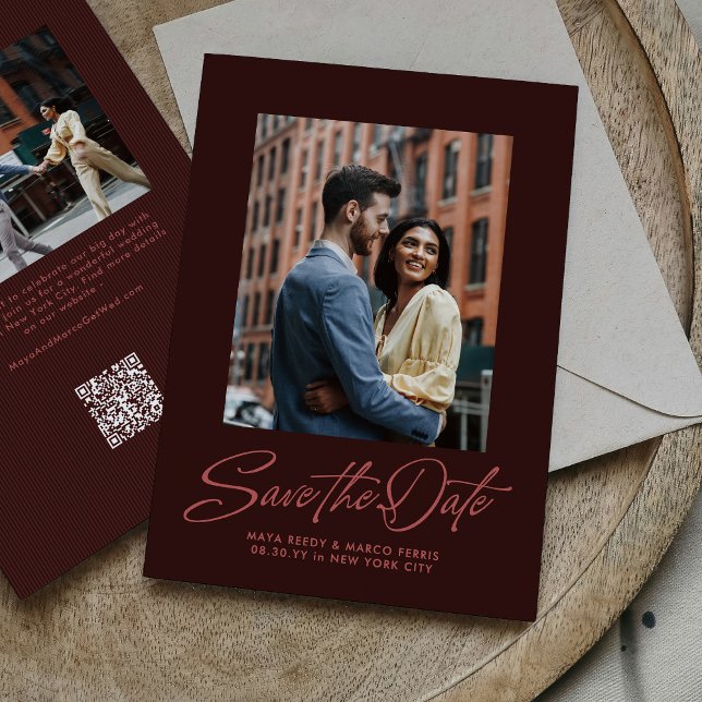 Burgundy stylish script two photo wedding save the date (Creator Uploaded)