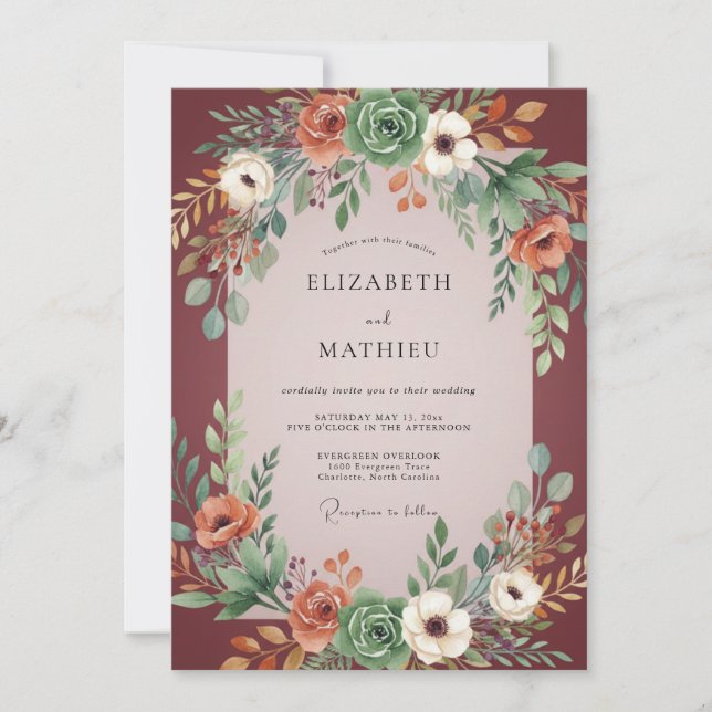 Burgundy Succulent Boho Eucalyptus Wedding Invitation (Front)