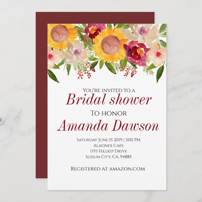Burgundy sunflowe floral bridal shower invitation (Front/Back)