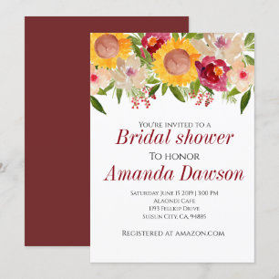 Burgundy sunflowe floral bridal shower invitation