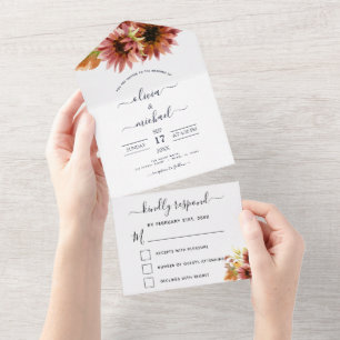 Burgundy Sunflower Country Wedding RSVP All In One Invitation