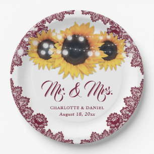 Burgundy Sunflower Floral Lace Wedding Paper Plate