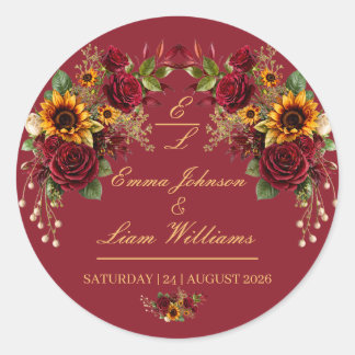 Burgundy Sunflower Floral Wedding Envelope Classic Round Sticker
