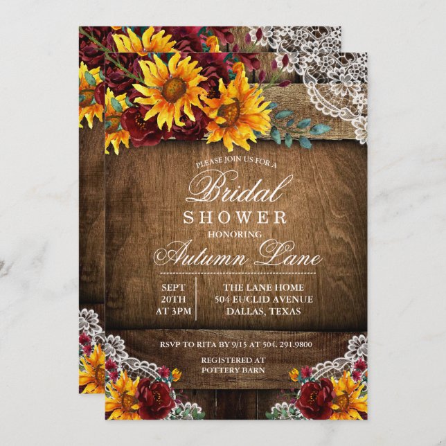 Burgundy Sunflower Lace Bridal Shower Invitation (Front/Back)