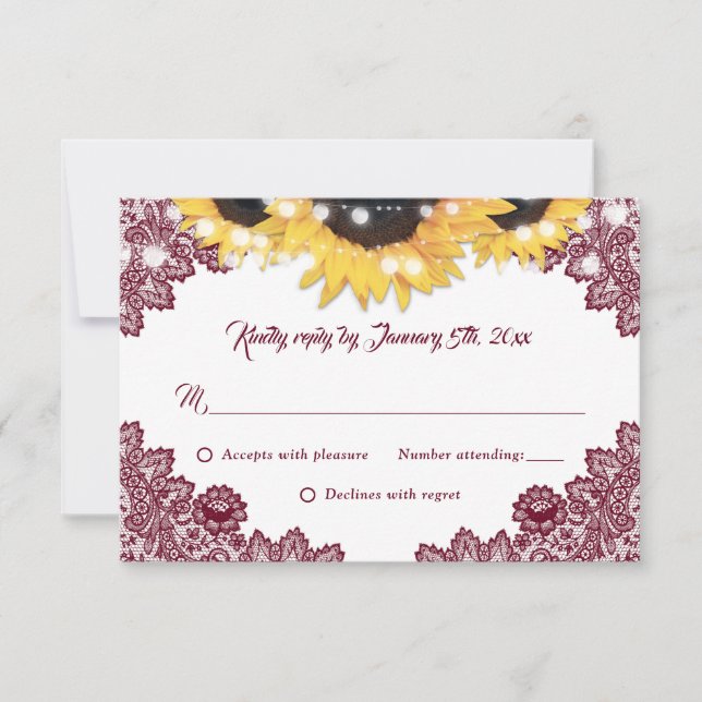 Burgundy Sunflower Lace Burlap Hearts Wedding RSVP Card (Front)