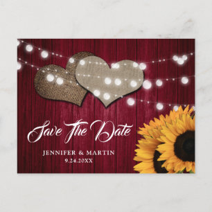 Burgundy Sunflower Lights Heats Wood Fall Wedding Postcard