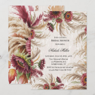 Burgundy Sunflower & Pampas Grass Bridal Shower Invitation