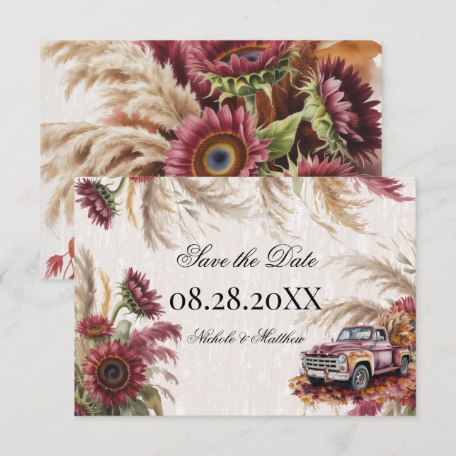 Burgundy Sunflower & Pampas Grass Save the Date (Front/Back)