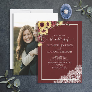 Burgundy Sunflower Rustic Script Photo Wedding Invitation