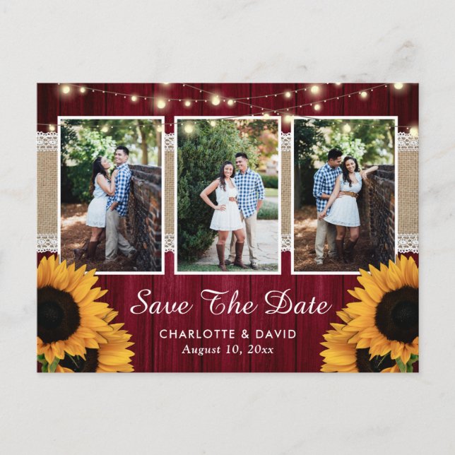 Burgundy Sunflower Save The Date Photo Postcards (Front)