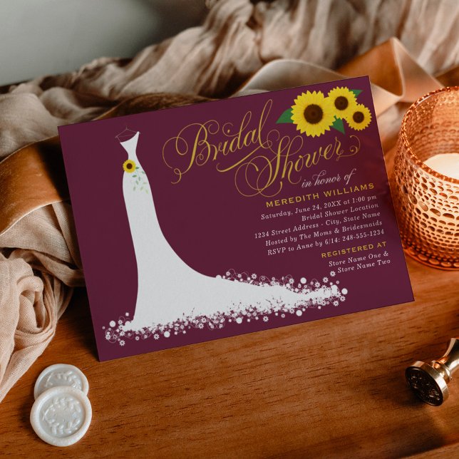 Burgundy Sunflower Wedding Gown Bridal Shower Invitation (Creator Uploaded)